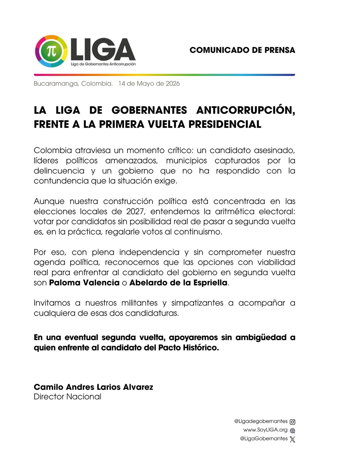 Sobre la primera vuelta presidencial en Colombia.